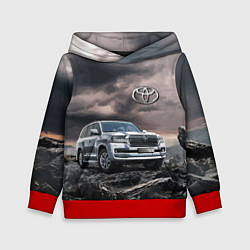 Толстовка-худи детская Toyota Land Cruiser 200 среди скал, цвет: 3D-красный