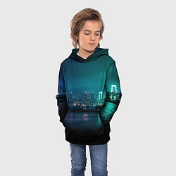 Толстовка-худи детская Неоновый город с рекой - Светло-зелёный, цвет: 3D-черный — фото 2