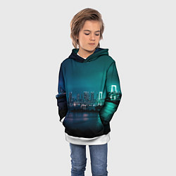 Толстовка-худи детская Неоновый город с рекой - Светло-зелёный, цвет: 3D-белый — фото 2