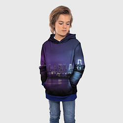 Толстовка-худи детская Неоновый город с рекой - Фиолетовый, цвет: 3D-синий — фото 2