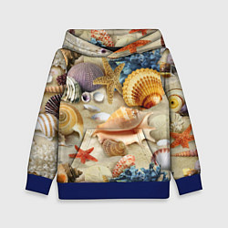 Толстовка-худи детская Морские раковины, кораллы, морские звёзды на песке, цвет: 3D-синий