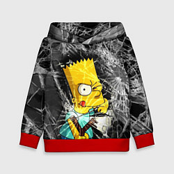 Толстовка-худи детская Барт Симпсон разбил из рогатки стекло, цвет: 3D-красный