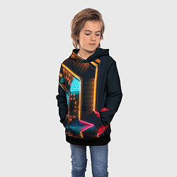 Толстовка-худи детская Неоновые огни на геометрических поверхностях, цвет: 3D-черный — фото 2