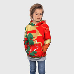 Толстовка-худи детская Японский пейзаж на красном, цвет: 3D-меланж — фото 2