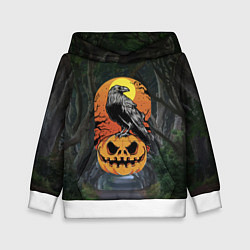 Толстовка-худи детская Ворон, сидящий на тыкве - Halloween, цвет: 3D-белый