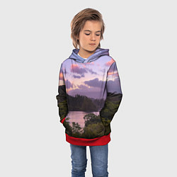 Толстовка-худи детская Пейзаж вечерней реки и леса, цвет: 3D-красный — фото 2