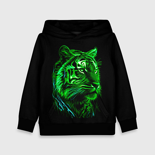 Детская толстовка Нейросеть: неоновый зелёный тигр / 3D-Черный – фото 1