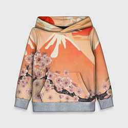 Толстовка-худи детская Ветка цветущей сакуры и вулкан, цвет: 3D-меланж