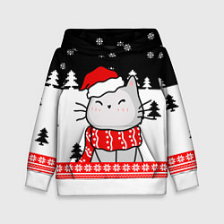 Толстовка-худи детская Новогодний свитер с котиком, цвет: 3D-белый