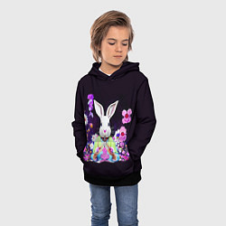 Толстовка-худи детская Кролик в цветах на черном фоне, цвет: 3D-черный — фото 2