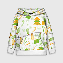 Толстовка-худи детская Желто-зеленые гирлянды с елочками и подарками, цвет: 3D-белый
