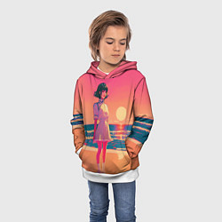 Толстовка-худи детская Аниме-девушка в белом платье на фоне розового зака, цвет: 3D-белый — фото 2