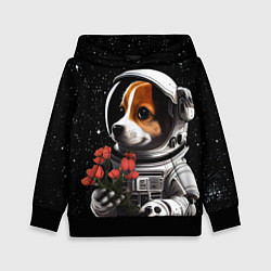 Толстовка-худи детская Щенок космонавт с тюльпанами, цвет: 3D-черный