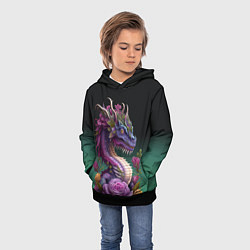 Толстовка-худи детская Неоновый дракон с цветами, цвет: 3D-черный — фото 2