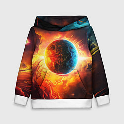 Толстовка-худи детская Планета в огненном космосе, цвет: 3D-белый