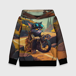 Толстовка-худи детская Кот на мотоцикле - байкер, цвет: 3D-черный