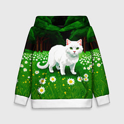 Толстовка-худи детская Белый кот на лугу пиксель арт, цвет: 3D-белый
