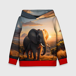 Толстовка-худи детская Африканский слон в саванне, цвет: 3D-красный