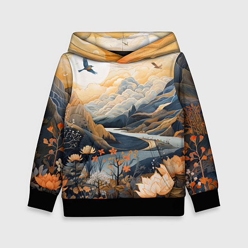 Детская толстовка Солнечное утро в цветущих горах / 3D-Черный – фото 1