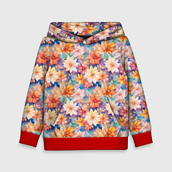 Толстовка-худи детская Цветочный акварельный узор, цвет: 3D-красный