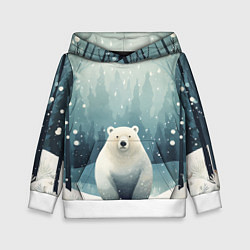 Толстовка-худи детская Мишка в зимнем лесу в стиле фолк-арт, цвет: 3D-белый