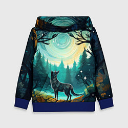 Толстовка-худи детская Волк в ночном лесу фолк-арт, цвет: 3D-синий