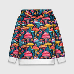 Толстовка-худи детская Разноцветные грибы причудливый паттерн, цвет: 3D-белый