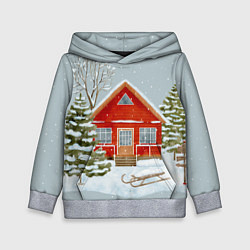 Толстовка-худи детская Красный дом в зимнем лесу, цвет: 3D-меланж