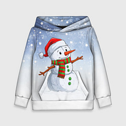 Толстовка-худи детская Весёлый снеговик в колпаке, цвет: 3D-белый