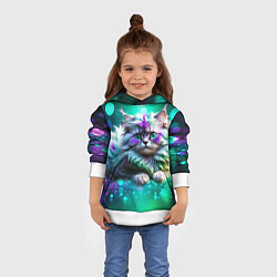 Толстовка-худи детская Пушистый котенок в бирюзово фиолетовом боке, цвет: 3D-белый — фото 2