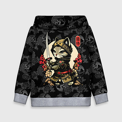 Детская толстовка Кот - японский самурай / 3D-Меланж – фото 1