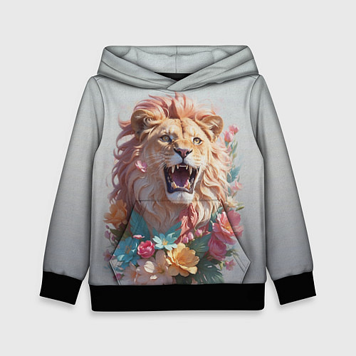 Детская толстовка Голова льва в цветах на холсте / 3D-Черный – фото 1