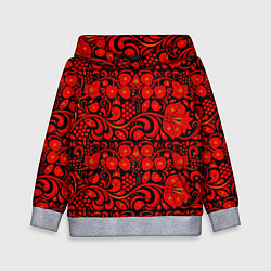 Толстовка-худи детская Хохломская роспись красные цветы и ягоды на чёрном, цвет: 3D-меланж
