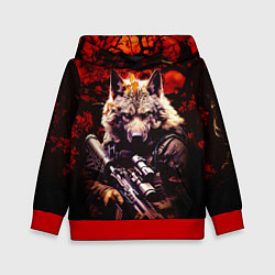 Толстовка-худи детская Волк солдат в красном лесу, цвет: 3D-красный