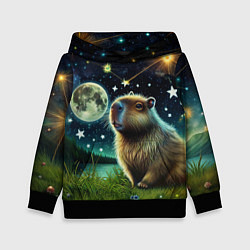 Толстовка-худи детская Капибара прогулки в полнолуние, цвет: 3D-черный