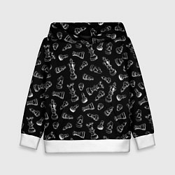 Толстовка-худи детская Много шахматных фигур на черном паттерне, цвет: 3D-белый