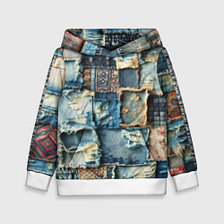 Толстовка-худи детская Деним пэчворк-ржавчина, цвет: 3D-белый