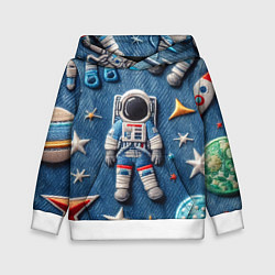 Толстовка-худи детская Космонавт - вышивка по джинсе нейросеть, цвет: 3D-белый