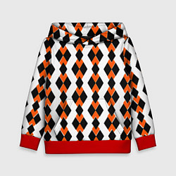 Толстовка-худи детская Чёрные и оранжевые ромбы на белом фоне, цвет: 3D-красный
