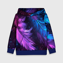 Толстовка-худи детская Искрящиеся перья в розовых и голубых оттенках, цвет: 3D-синий