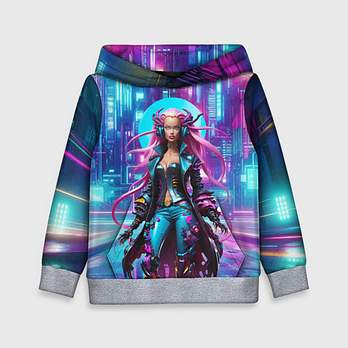 Детская толстовка Кибер ведьма в неоновом городе - нейросеть / 3D-Меланж – фото 1