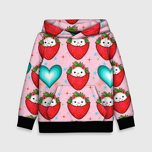 Детская толстовка Котик клубничка и сердца узор / 3D-Черный – фото 1