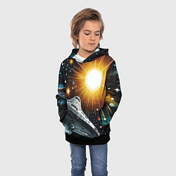 Толстовка-худи детская Космолёт в неоновом космосе - нейросеть, цвет: 3D-черный — фото 2