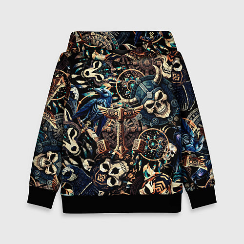 Детская толстовка Викинг-череп ворон, руны и молот Тора / 3D-Черный – фото 1