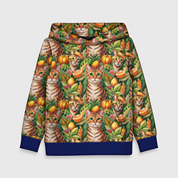 Толстовка-худи детская Бенгальский котик в тропических листьях, цвет: 3D-синий