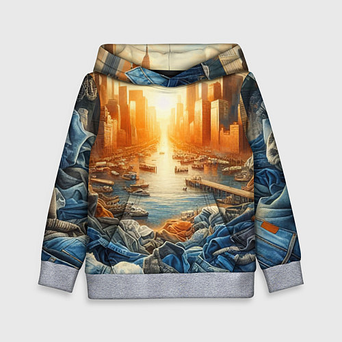 Детская толстовка Нью-Йорк с джинсовыми берегами - нейросеть / 3D-Меланж – фото 1