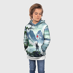 Толстовка-худи детская Самурай на берегу горного озера - нейросеть, цвет: 3D-белый — фото 2