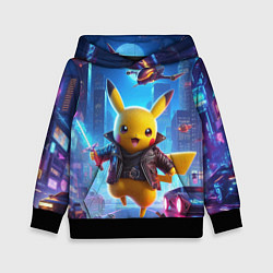 Толстовка-худи детская Кибер Пикачу в неоновом городе - нейросеть, цвет: 3D-черный