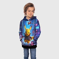 Толстовка-худи детская Кибер Пикачу в неоновом городе - нейросеть, цвет: 3D-черный — фото 2