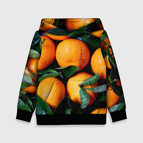 Детская толстовка Гора мандаринов апельсинов и листьев на Новый год / 3D-Черный – фото 1